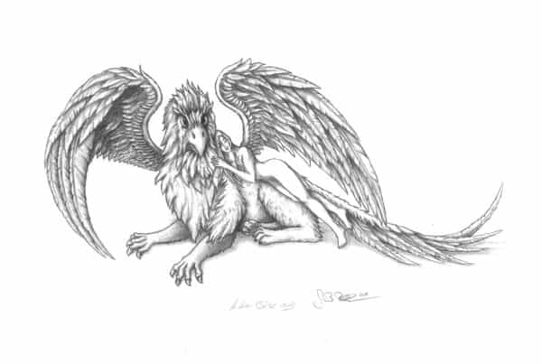 Illustration, Bleistiftzeichnung, Pencil Drawing Greif mit Frau, Gryphon with women