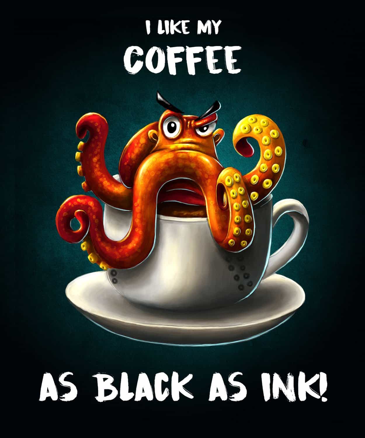 T-Shirt-Design Oktopus- Coffee - Kaffee, T-Shirt Designer Andrea Baitz, Illustration, Digital Painting, Digitale Illustration, Grafikdesign, Ines Kampf Design, T-Shirt Designer Deutschland