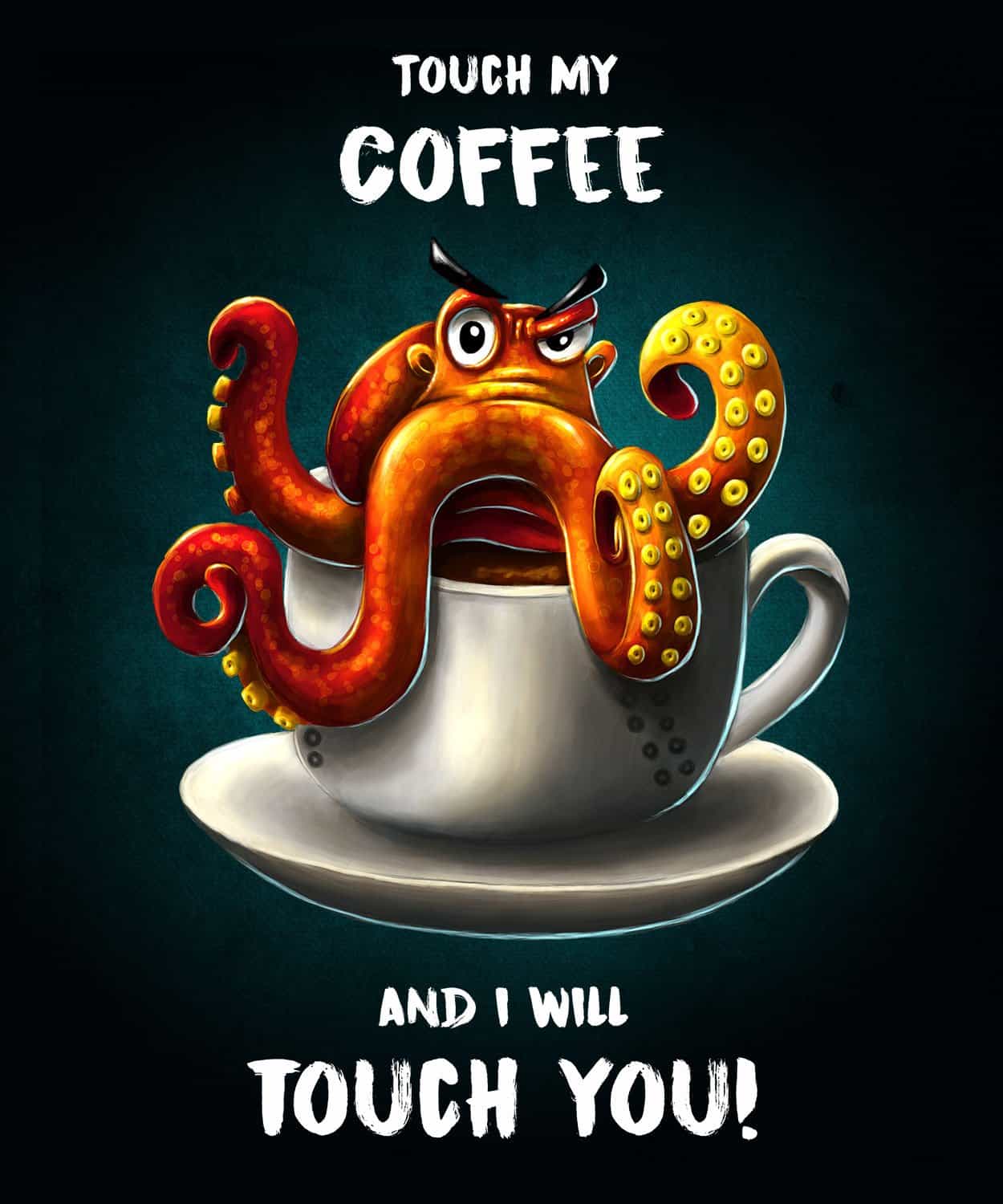 T-Shirt-Design Oktopus- Coffee - Kaffee, T-Shirt Designer Andrea Baitz, Illustration, Digital Painting, Digitale Illustration, Grafikdesign, Ines Kampf Design, T-Shirt Designer Deutschland