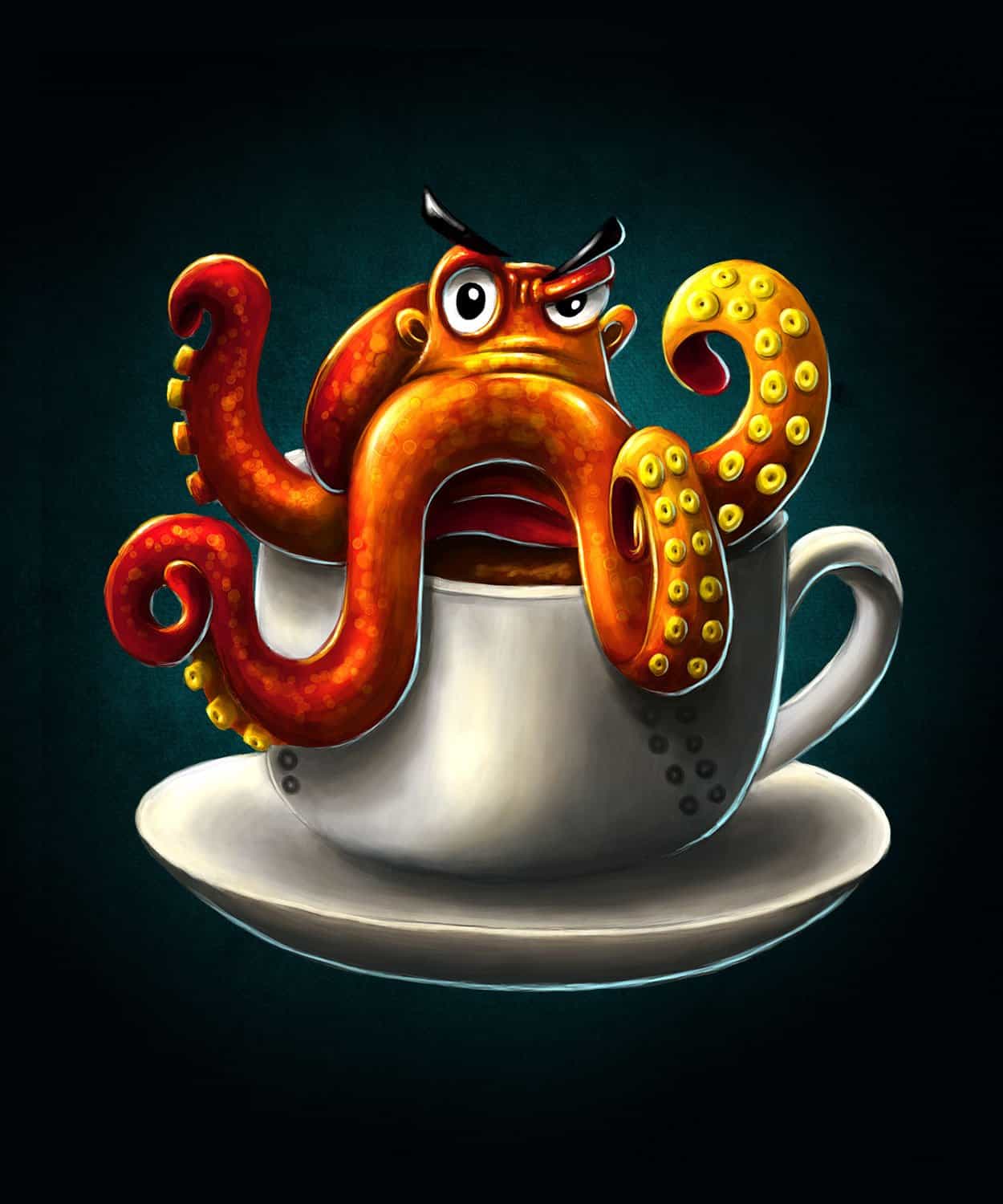 T-Shirt-Design Oktopus- Coffee - Kaffee, T-Shirt Designer Andrea Baitz, Illustration, Digital Painting, Digitale Illustration, Grafikdesign, Ines Kampf Design, T-Shirt Designer Deutschland