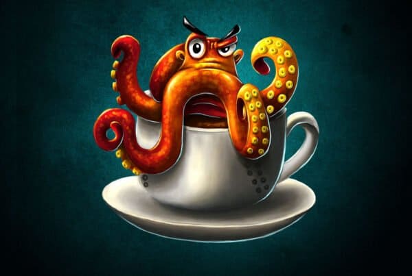 T-Shirt-Design Oktopus- Coffee - Kaffee, T-Shirt Designer Andrea Baitz, Illustration, Digital Painting, Digitale Illustration, Grafikdesign, Ines Kampf Design, T-Shirt Designer Deutschland