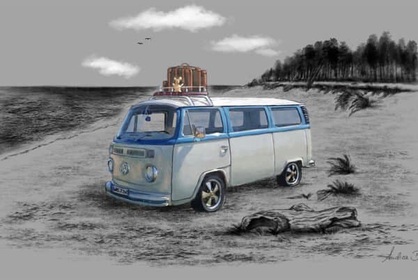 Tattoo VW Bulli, Illustration, Digital Painting, Tattoo Motiv, Strand, Ostsee